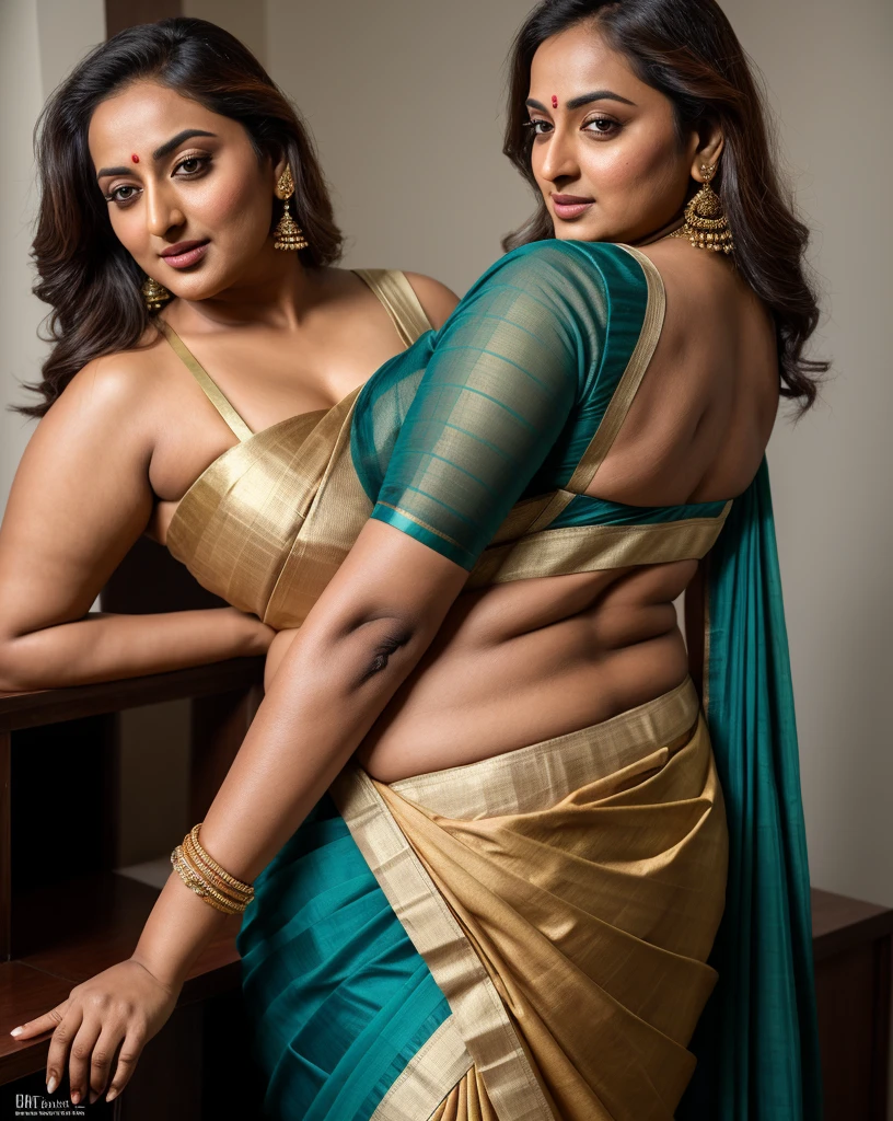 Foto RAW, photorealistic, photography, full body shot, master shot, perfect eyes, goddess like beauty, pierced eyes, (perfect thick chubby mallu Desi aunty bhabhi) , Wearing a Stanapatta, a chest-band.Saree model, model Photography,((saggy breast)), Indian saree shoot, Indian traditional wear advertising photography, traditional wear brand shoot, face of Indian actress Sonakshi Sinha, masterpiece, realistic, realism, incredible details, pleasure, photorealism, detailed skin, skin pores, high contrast, photorealistic Artstation 8k HD digital art trend of high definition and detailed realistic skin texture, ultra detail, realistic skin texture, armature, best quality, ultra high definition, (photorealistic:1.4),, high resolution, detail, raw photo, sweat, Re sharp, by Lee Jefferies Nikon D850 Film Stock Photo 4 Kodak Portra 400 Camera F1.6 Lens Rich Color Ultra Real Realistic Realistic Textures Dramatic Lighting Unreal Engine Trending at Art Station Cinestill 800,(pele altamente detalhada: 1.2), 8k UHD, DSLR, soft-lighting, alta qualidade, grain of film, Fujifilm XT3,she didn't like to wear blouse or bra, she is happy to wear only saree, she hates blouse or bra, detailed hairy armpits, hyper realistic skin, skin pores, sweat, veins, ((fatty)), back view