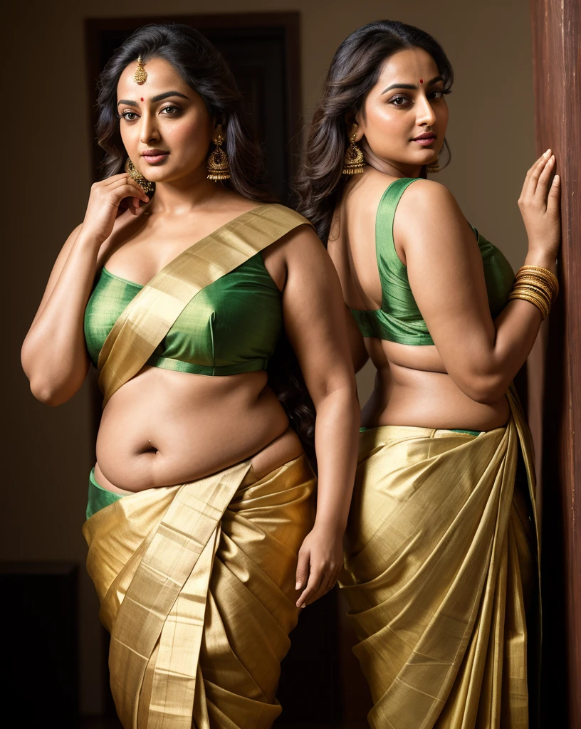 Foto RAW, photorealistic, photography, full body shot, master shot, perfect eyes, goddess like beauty, pierced eyes, (perfect thick chubby mallu Desi aunty bhabhi) , Wearing a Stanapatta, a chest-band.Saree model, model Photography,((saggy breast)), Indian saree shoot, Indian traditional wear advertising photography, traditional wear brand shoot, face of Indian actress Sonakshi Sinha, masterpiece, realistic, realism, incredible details,  pleasure, photorealism, detailed skin, skin pores, high contrast, photorealistic Artstation 8k HD digital art trend of high definition and detailed realistic skin texture, ultra detail, realistic skin texture, armature, best quality, ultra high definition, (photorealistic:1.4),, high resolution, detail, raw photo, sweat, Re sharp, by Lee Jefferies Nikon D850 Film Stock Photo 4 Kodak Portra 400 Camera F1.6 Lens Rich Color Ultra Real Realistic Realistic Textures Dramatic Lighting Unreal Engine Trending at Art Station Cinestill 800,(pele altamente detalhada: 1.2), 8k UHD, DSLR, soft-lighting, alta qualidade, grain of film, Fujifilm XT3,she didn't like to wear blouse or bra, she is happy to wear only saree, she hates blouse or bra, detailed hairy armpits, hyper realistic skin, skin pores, sweat, veins, ((fatty)), back view