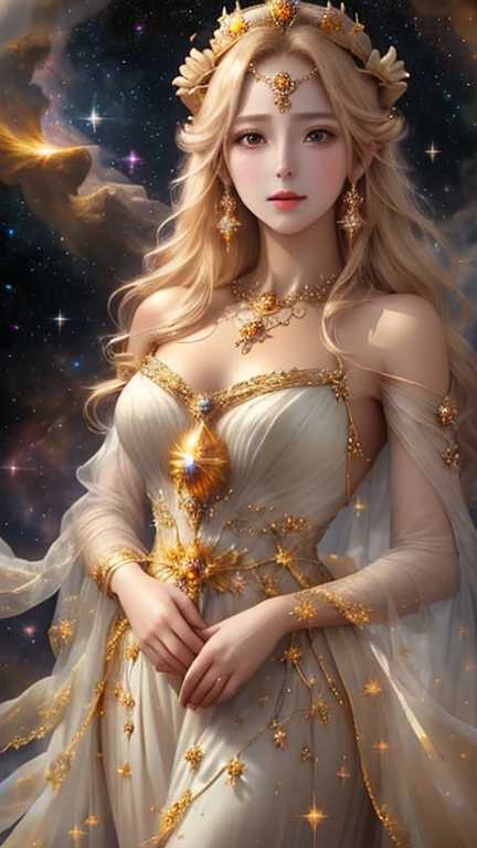 The cosmic goddess adorned with a natural crown of gold and precious stones、 Elegant and beautiful、A look of mercy、Looking at this、looking at the camera、Brown eyes、Full Body Shot、Blonde Hair、A dazzling light shines from behind、An elegant, sheer, yellowish gown、 sheer white dress.  elegant highly detailed, The Universe is Infinite、Countless stars and nebulae、The sun is in the background、The universe is full of light、(masterpiece、Highest quality、High resolution、Best lighting、8K)