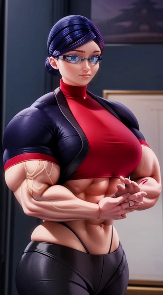 a muscular female bodybuilder in red bra inside office suit and ((her hair is dark blue and  red-gradient from end to the right side of head)), detailed face, beautiful detailed eyes, beautiful detailed lips, extremely detailed face and muscles, long eyelashes, strong muscles bulging through suit, dynamic pose, professional studio lighting, hyperrealistic, 8k, high quality, photorealistic, physically-based rendering, concept art, dramatic color palette,((abs))