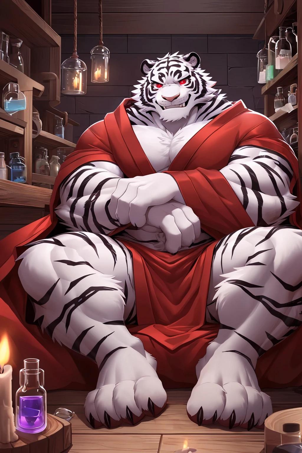 (sfw:1.5), male focus, Pharmacy师, Handsome 1boy, solitary，protrait photo，single, (Black nails, Black claws, White feet, White feet底板:1.4), White hair, White skin, (Black tiger stripe:1.5), (Black tiger stripes on arms, Black tiger stripes on legs, Black stripes on arms, Black stripes on legs:1.4), (White tail:1.3), White Teeth, (White fangs, Exquisite fangs, Perfect fangs:1.4), Delicate teeth, Perfect Teeth, (Perfect red eyes:1.4), (White body:1.3), 
White Tiger, White Tiger, dragon boy, dragon body, feet, (evil eyes, big eyes, large eyes:1.4), (Chubby, The body is huge, Larger face:1.3), Human feet, (Four toes:1.4), 
(古希腊Red robe, Red cloth wrapped around the crotch, Red robe, Red Cape:1.4), (Topless:1.1), 
(full body:1.2), Front view, (Middle-aged men, Mature men:1.4), (Strong body, muscle,Strong male, muscle男, Bare chest muscles:1.3), Red nipples, (Abdominal muscles:1.4), belly button, (Bare legs, Strong and strong legs, Strong legs, Thick arms:1.3), (Sitting, Sitting:1.3), (Looking at the audience, Focus, Eyes gaze:1.1), enjoy, (evil smile, evil grin, evil smile, Evil smile:1.5), (手中拿着红色的Potion Bottle:1.4), 
full background, Stone brick floors, Stone Wall, indoor, Potion Rack, Wooden frame, night, Candle, Pharmacy, Potion Bottle, Dim environment,
Mysterious and romantic atmosphere, Caustic lines(refraction, polarization)Perfect anatomical structure, absurd, Detailed background, (Delicate eyes:1.3),Printing style。((artist:Takemoto Arashi))