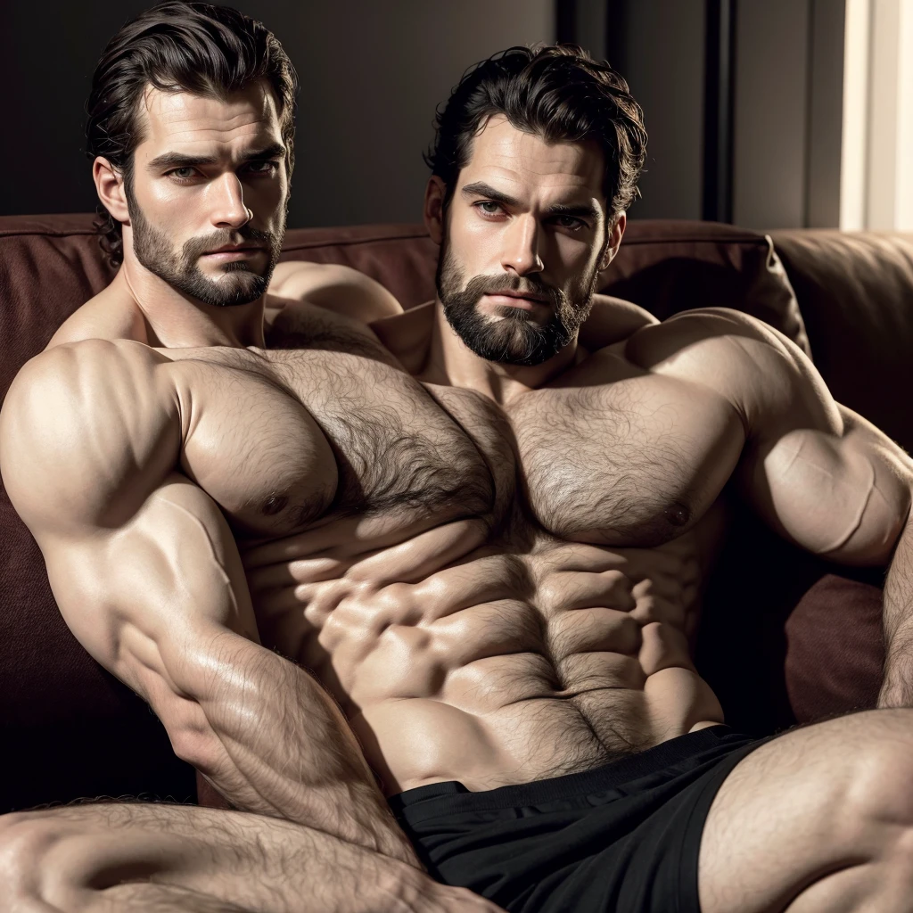 man with beard, Henry Cavill with shaved head, wearing , cross arm, broadshouldered, brawny, relaxed on the sofa, serious countenance, photo realist