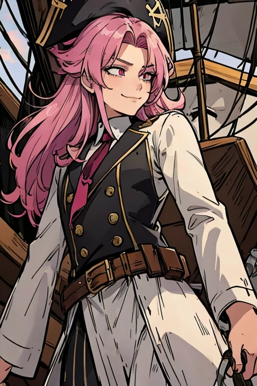A handsome pink haired man with violet eyes with long hair in a pirate's uniform is holding a spyglass with a smile on a pirate ship