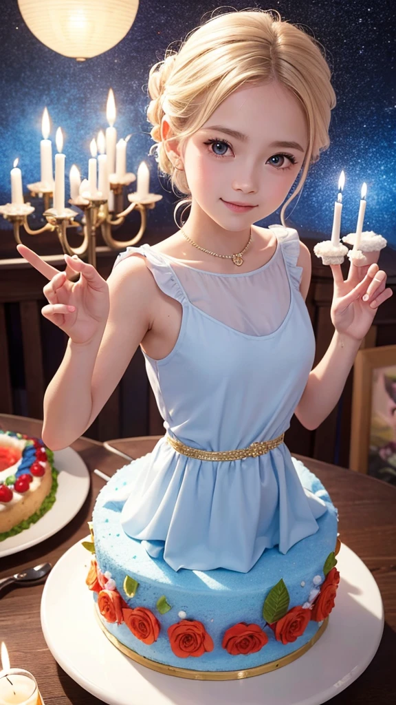 A large happy children's birthday party scene with 4-6 children, cake, candles and Elsa from Disney's Frozen standing in the background, celebration style, detailed depiction of the facial structure of the characters, bright overall colors, candles on the cake, by Charles M. Schulz