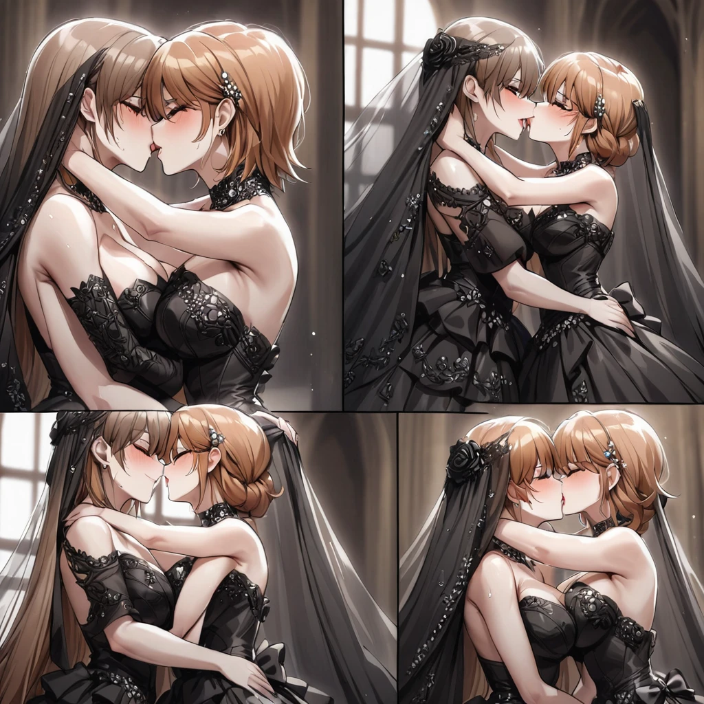 ((Highest quality)), ((masterpiece)), (detailed), (Perfect Face)、The woman was Princess Leona, with medium-long light brown hair, and was wearing a luxurious bridal outfit consisting of a lavishly jeweled black wedding dress, a gorgeous black wedding veil, and gorgeous jeweled accessories.、The woman and the dignified vampire embrace and kiss each other in a wedding ceremony.