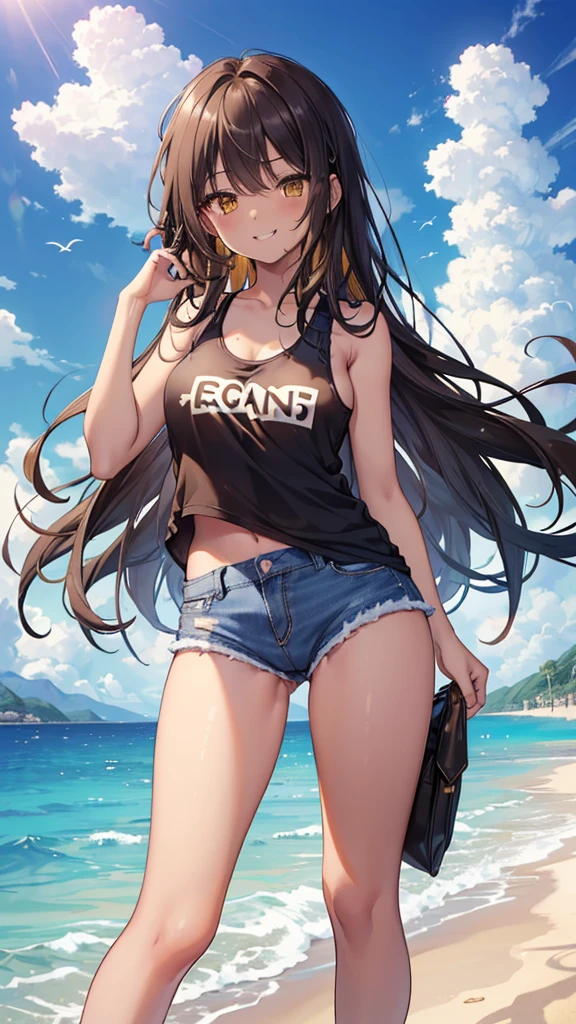 (8K、Highest quality、Highest quality、masterpiece)、Detailed face、One Girl、Spread legs、Spread Legs、(Brown Skin:1.2)、Long Hair、Blue Eyes、Sweat、Grin、(White tank top、Denim black hot shorts、Mini Shorts、Cameltoe)、Cameltoe、Beach、cloud、
belly button、Big Breasts、