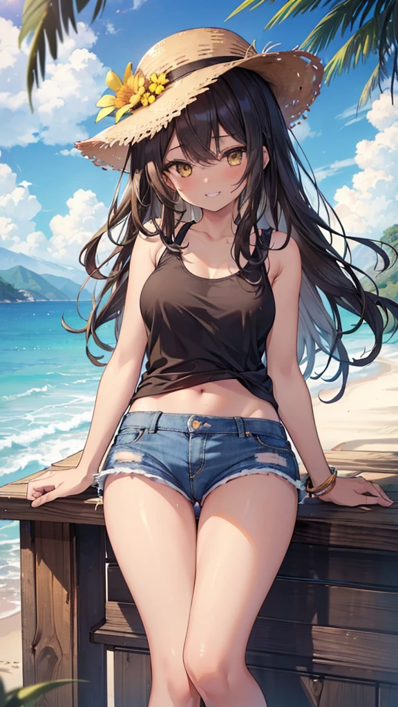 (8K、Highest quality、Highest quality、masterpiece)、Detailed face、One Girl、(Brown Skin:1.2)、Long Hair、Yellow Eyes、Grin、(Black tank top、Denim hot shorts、Mini Shorts、Spread pussy under shorts、frontal wedgie、wedgie、Spread vagina under shorts)、labia view、Beach、cloud、vagina、Spread Vagina、spread pussy、Big Breasts、