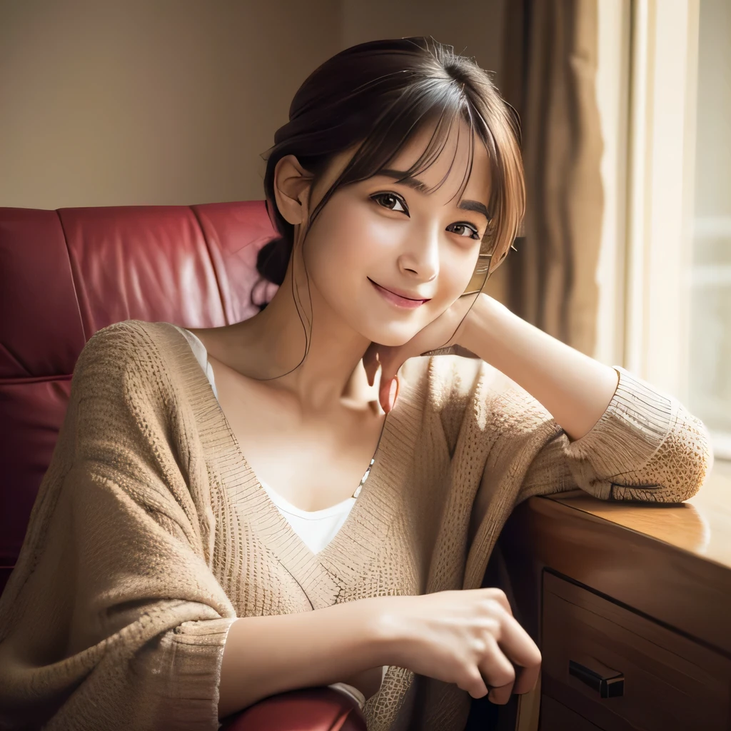 (best quality, masterpiece, ultra detailed, ultra high res, photorealistic, raw photo, absurdres, absolutely resolution), smile, warm colors, 30 year old woman, sitting in a chair, looking straight at me
