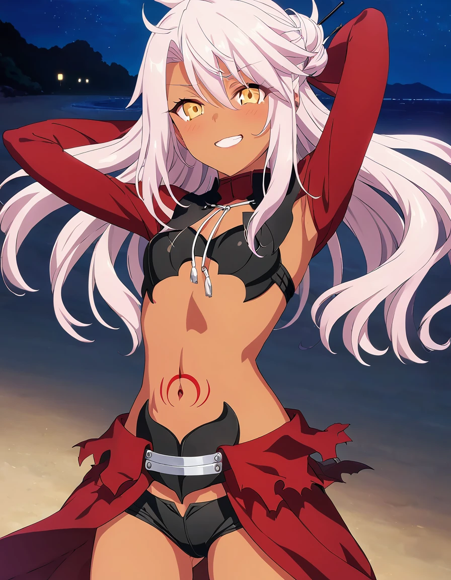 chloebase, pink hair, long hair, hair bun, hairpin, yellow eyes, dark skin, dark-skinned female, long sleeves, stomach tattoo, midriff, waist cape, 1girl, solo
high quality, solo, night sky, beach, arms behind head, contrapposto, closed mouth, spread armpits, (cowboy shot:1.5), looking at viewer, grin, best quality, game cg, anime screencap, official art, masterpiece, best quality
