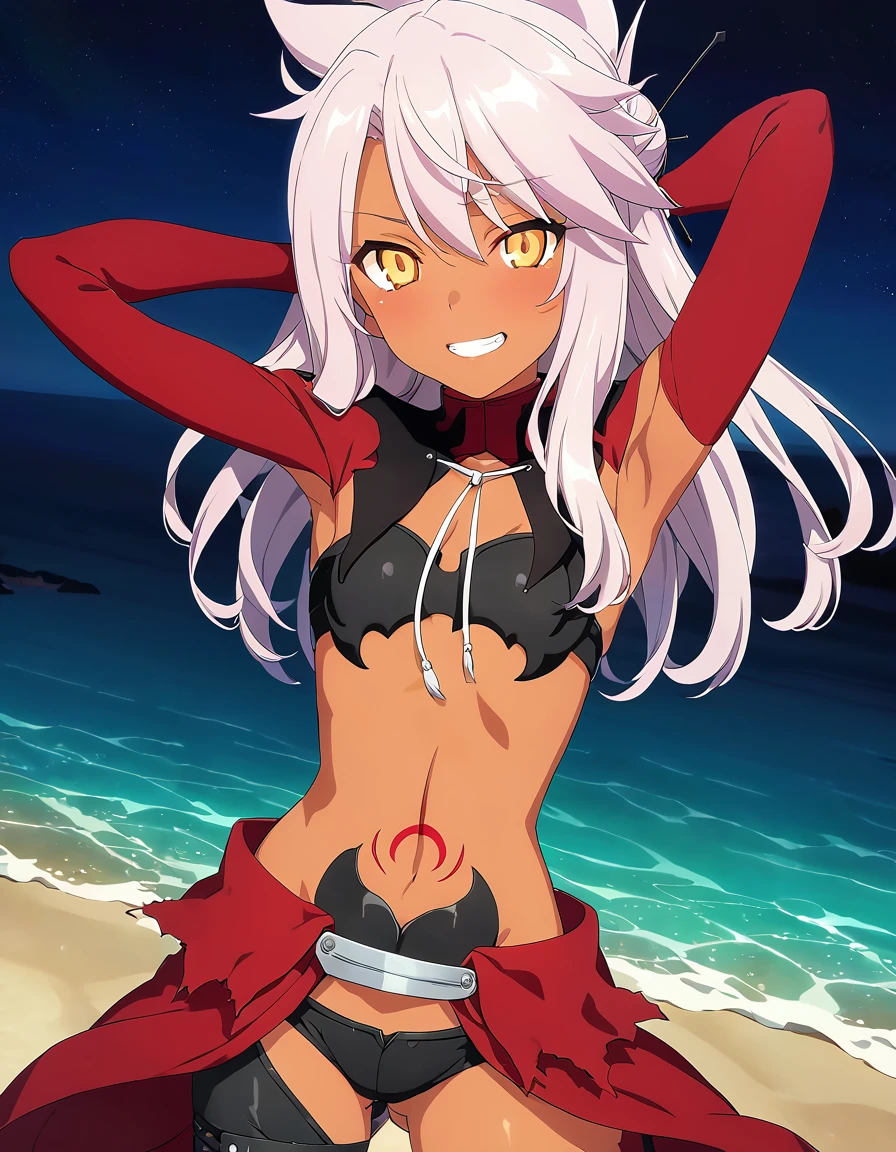 chloebase, pink hair, long hair, hair bun, hairpin, yellow eyes, dark skin, dark-skinned female, long sleeves, stomach tattoo, midriff, waist cape, 1girl, solo
high quality, solo, night sky, beach, arms behind head, contrapposto, closed mouth, spread armpits, (cowboy shot:1.5), looking at viewer, grin, best quality, game cg, anime screencap, official art, masterpiece, best quality
