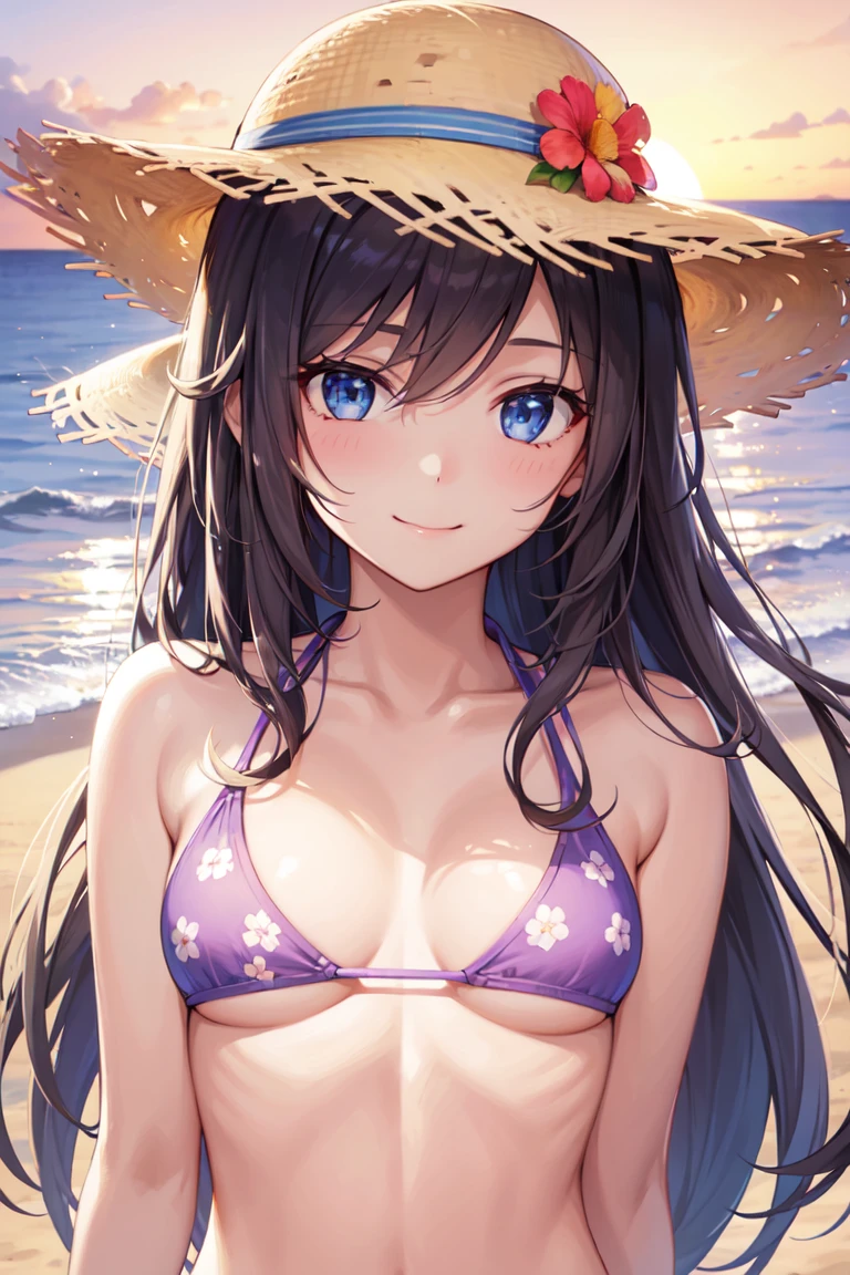 One girl, long tied brunette hair, smile, blue eyes, Wink, View your viewers, Wearing a bikini, flower straw hat, (Beach), (sunset), evening, masterpiece, 8K, Perfect lighting, The perfect outfit, Perfect , Perfect Eyes, Perfect Face, Sharp resolution, (Face close-up)