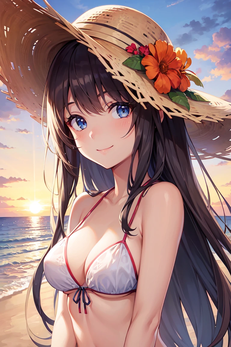 One girl, long tied brunette hair, smile, blue eyes, Wink, View your viewers, Wearing a bikini, flower straw hat, (Beach), (sunset), evening, masterpiece, 8K, Perfect lighting, The perfect outfit, Perfect , Perfect Eyes, Perfect Face, Sharp resolution, (Face close-up)