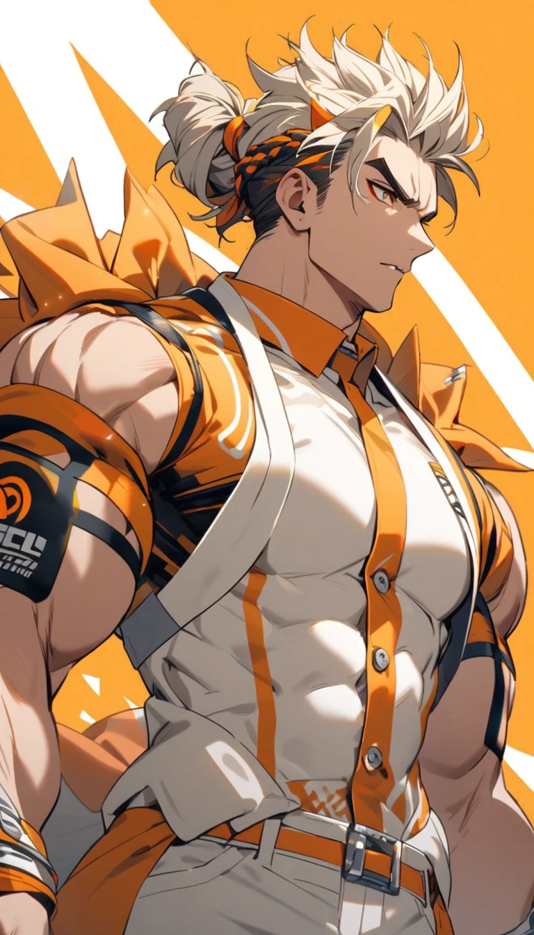 A muscular man wearing an orange and white suit，Cool hairstyle