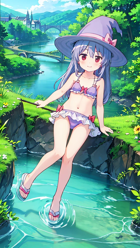 、four beautiful girls、bikini、witch, happy smile、beautiful background, (river, and fantasy), four girls,