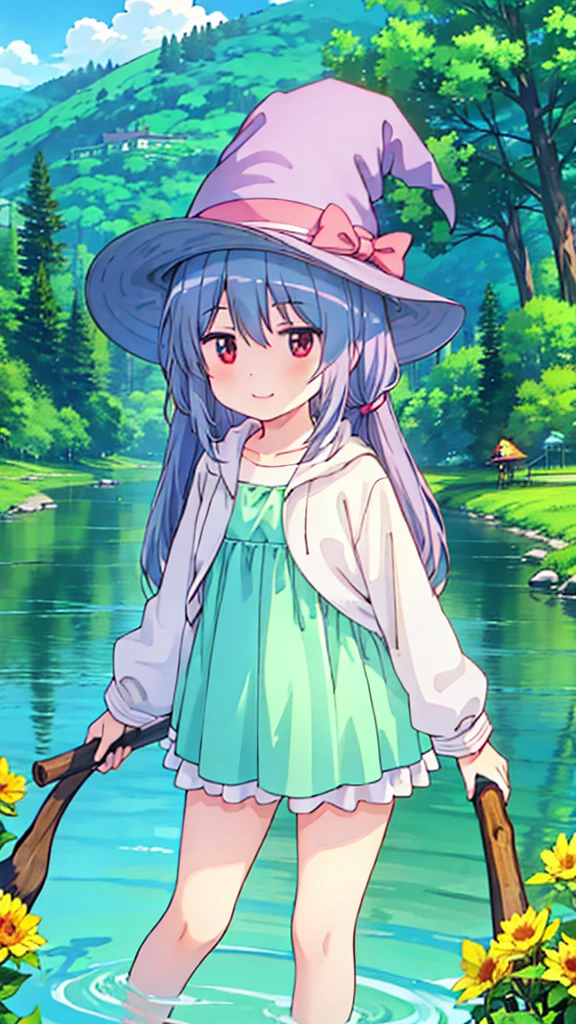6 years old、four beautiful girls、bikini、witch, happy smile、beautiful background, (river, and fantasy), four girls,