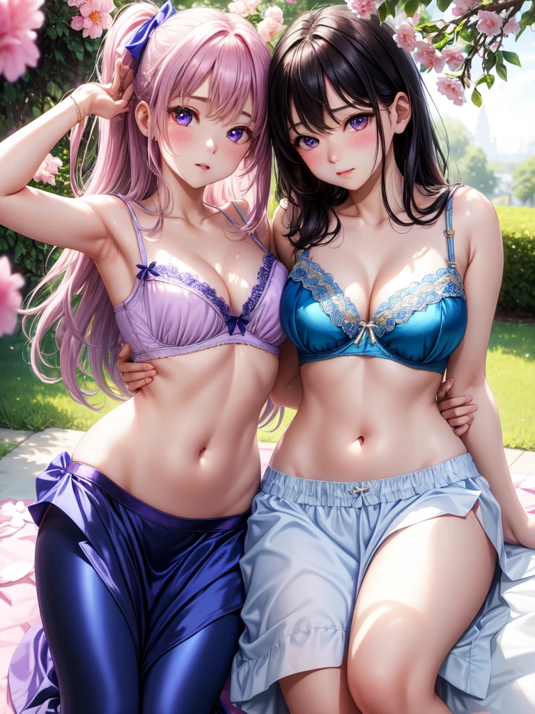 (satin、silk、Blue bra)、Realist, 1 girl, In white, Purple Eyes, Bright Eyes, Crop top, skirt, Chapped lips, blush, evening, Flores, sun, sunlight,