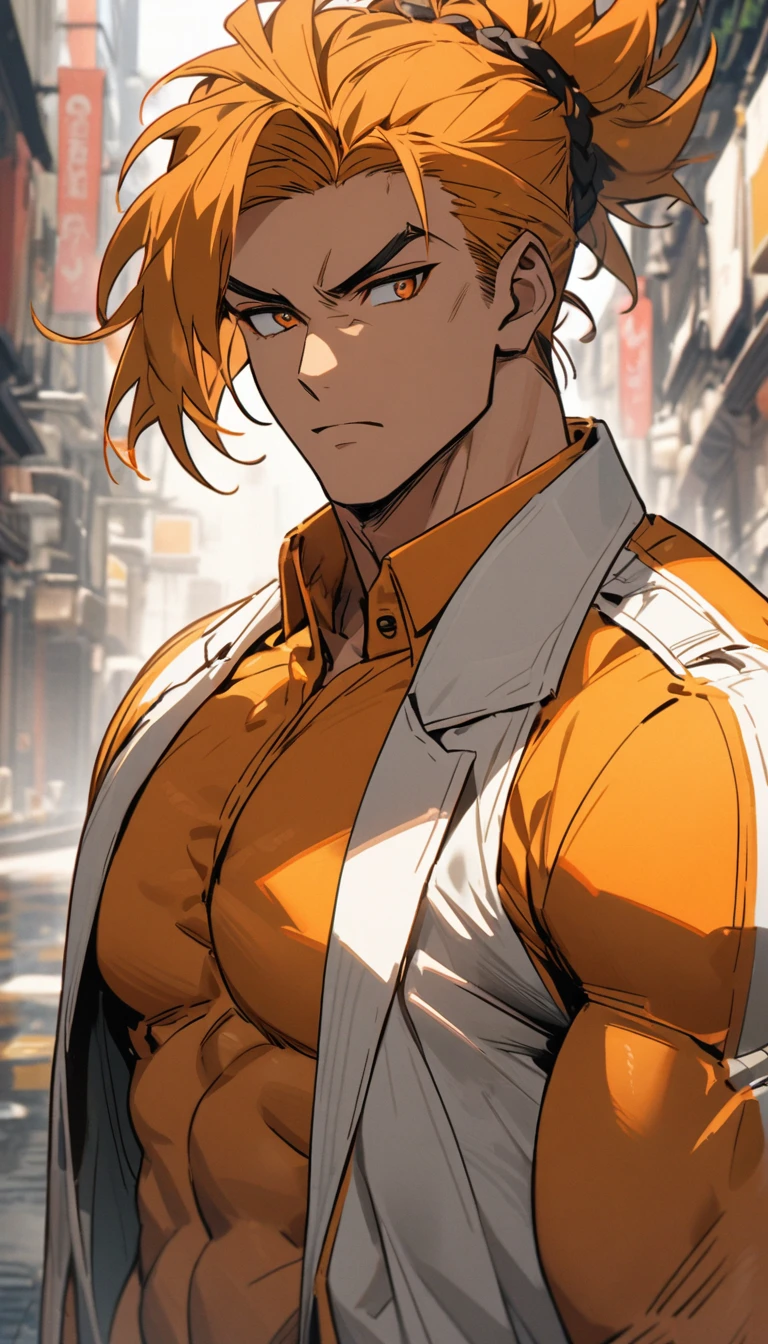 A muscular man wearing an orange and white suit,Cool hairstyle
