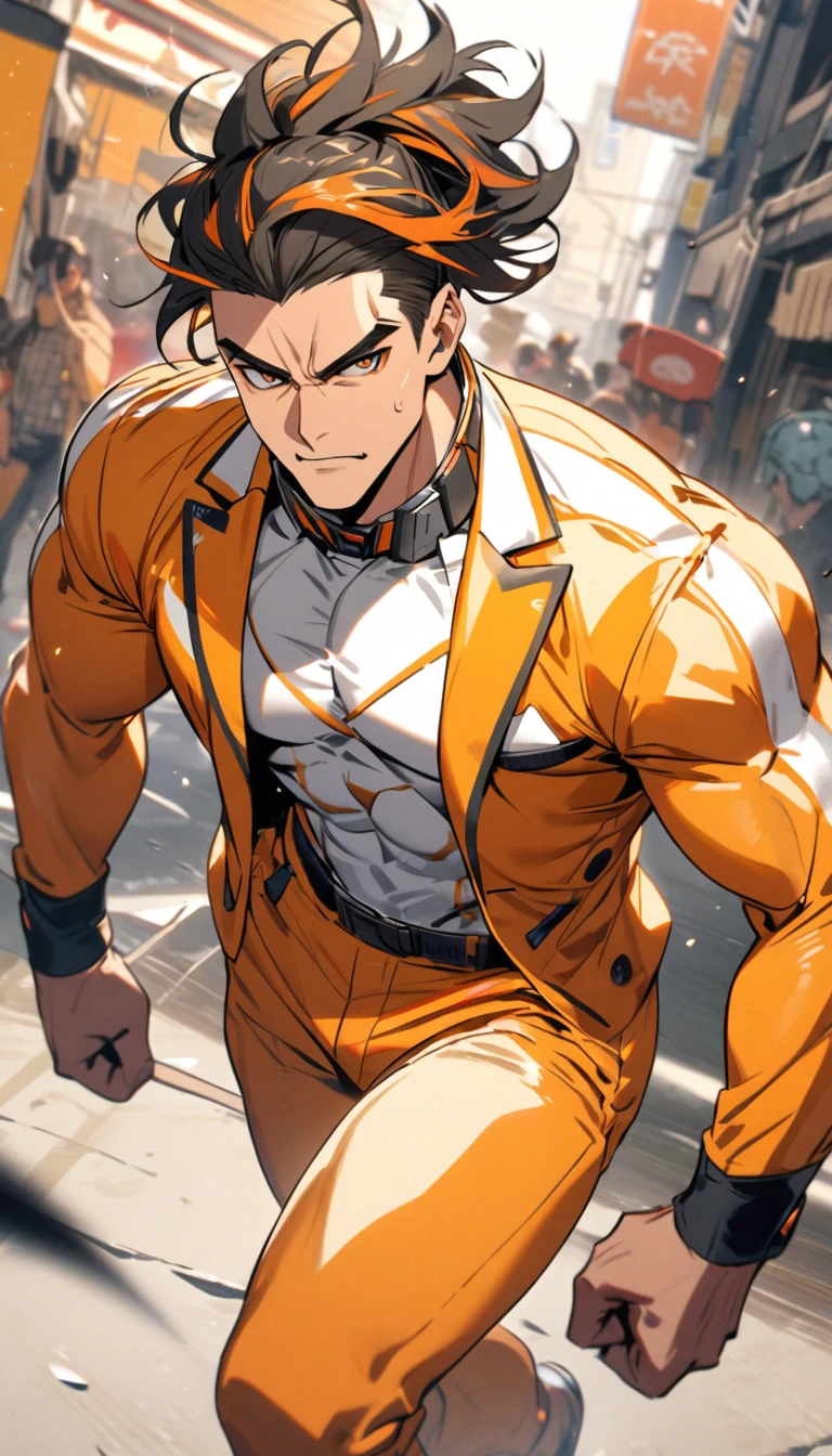 A muscular man wearing an orange and white suit，Cool hairstyle