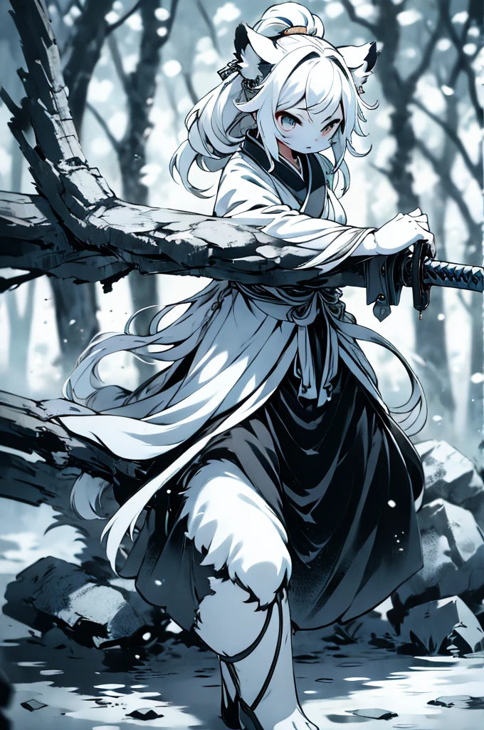 quality\(8K,Extremely detailed CG unit wallpaper, masterpiece,high resolution,top-quality,top-quality real texture skin,Surrealism,提high resolution,RAW photos,Best quality,Very detailed,,light,Ray Tracing,Golden Ratio\),furry,furry,hairy,hairy,White Tiger少女,White Tiger,White Tiger,White Tiger,tiger,White Tiger,White Tiger少女,全身White hair,White Hair,White hair,Snow background,Snow and ice theme,Hanfu,Hanfu下摆,遮住大腿的Hanfu下摆,穿着Hanfu,中式Hanfu,手持Long Sword,Sword in hand,Martial arts style,手持Long Sword的White Tiger少女,Full body close-up,Lean forward,Juhechop,Draw the Sword,Lean over,Lean forward,Girl sitting on the ground,Maiden sitting on a stone,Girl sitting on a boulder,手持Long Sword,持有Long Sword,拿着Long Sword,Long Sword,Long Sword,Long Sword,Highlight the role,Sassy,Cold,poker face,Loose long hair,Loose long hair,Cold气质,Loose long hair,Cold,