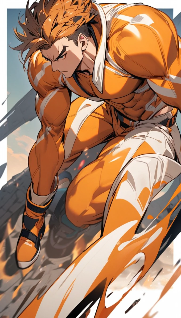 A muscular man wearing an orange and white suit,Cool hairstyle
