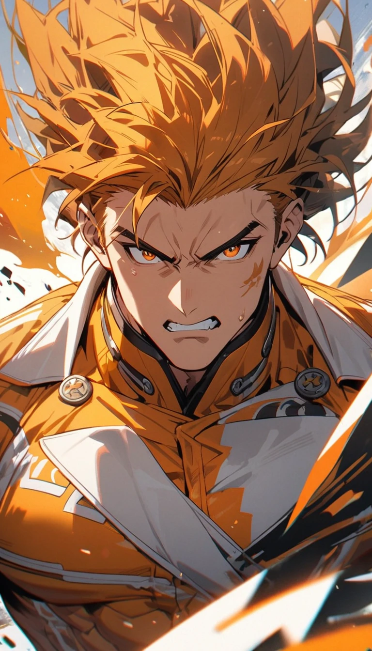A muscular man wearing an orange and white suit,Cool hairstyle