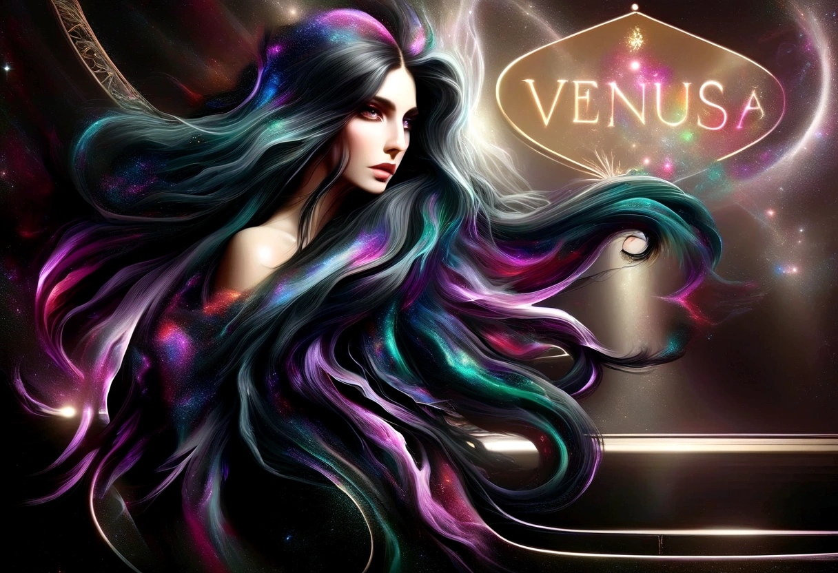 a close up of a woman with long black hair and a sign, ventail, exquisite digital illustration, long flowing medusa hair, girl venizian, venus effect, vibrant dark hair, lady gaga with her venus hair, colourful long hair, stunning digital illustration, gorgeous digital painting, beautiful digital illustration, glossy digital painting, very long flowing dark hair