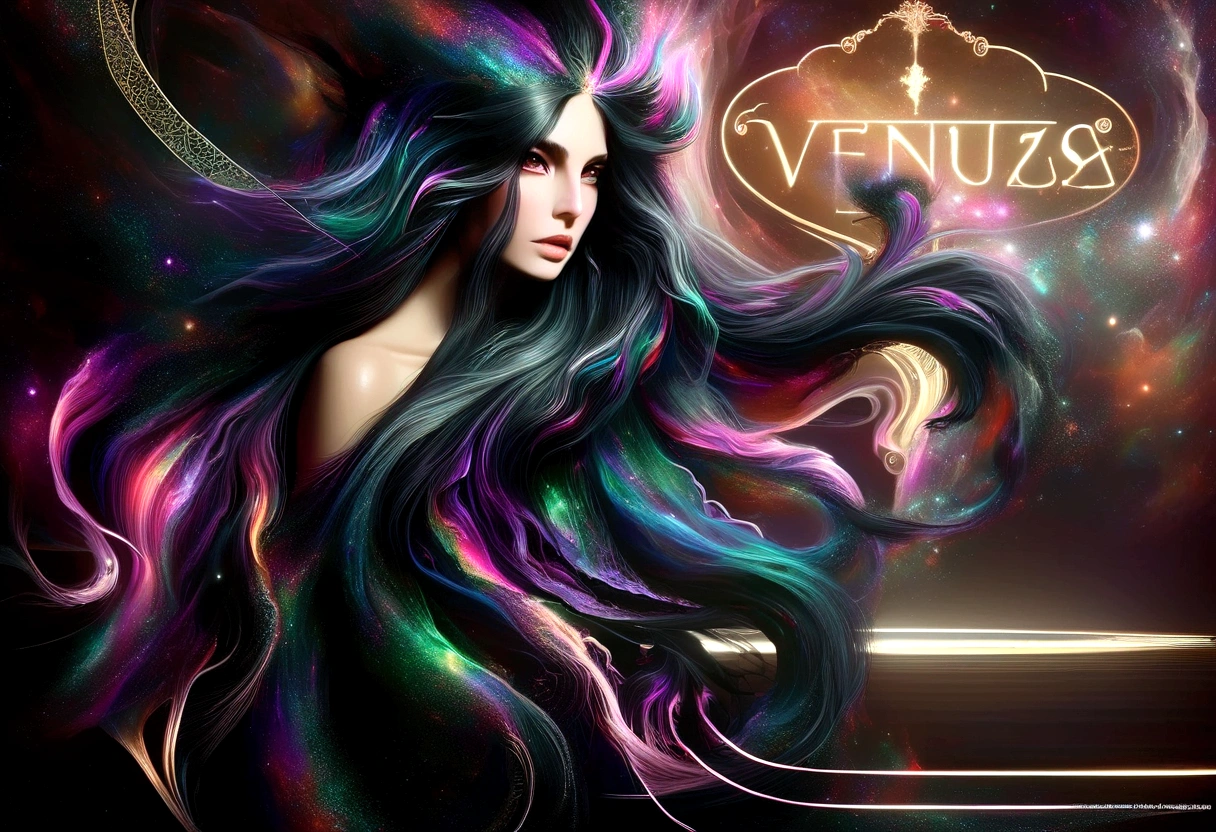 a close up of a woman with long black hair and a sign, ventail, exquisite digital illustration, long flowing medusa hair, girl venizian, venus effect, vibrant dark hair, lady gaga with her venus hair, colourful long hair, stunning digital illustration, gorgeous digital painting, beautiful digital illustration, glossy digital painting, very long flowing dark hair