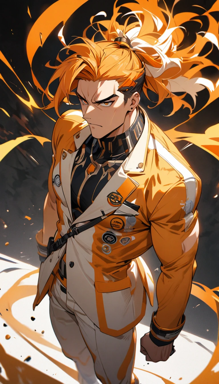 A muscular man wearing an orange and white suit,Cool hairstyle