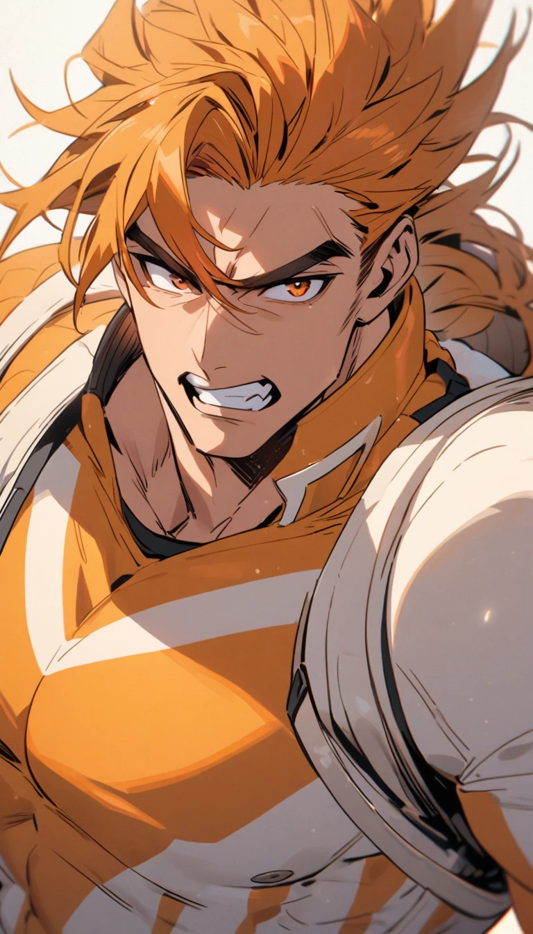 A muscular man wearing an orange and white suit,Cool hairstyle