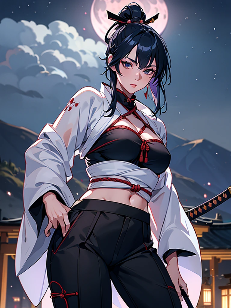 a female samurai, beautiful detailed eyes, beautiful detailed lips, extremely detailed face, long eyelashes,hyper realistic lighting,(super detailed:1.3),((best quality:1.2)),((masterpiece:1.2)),female focus,lonely beauty,(nighttime:1.6),(standing in a medieval streets),cowboy shot,cleavage,((shibari across bare breasts:1.125)),topknot,muted dark blue hair:1.1,(white samurai coat),(black samurai pants:1.3),(smug:1.1),(wide sleeves),(katana sword on hip:1.06),(torn pants),(torn sleeves:1.25)