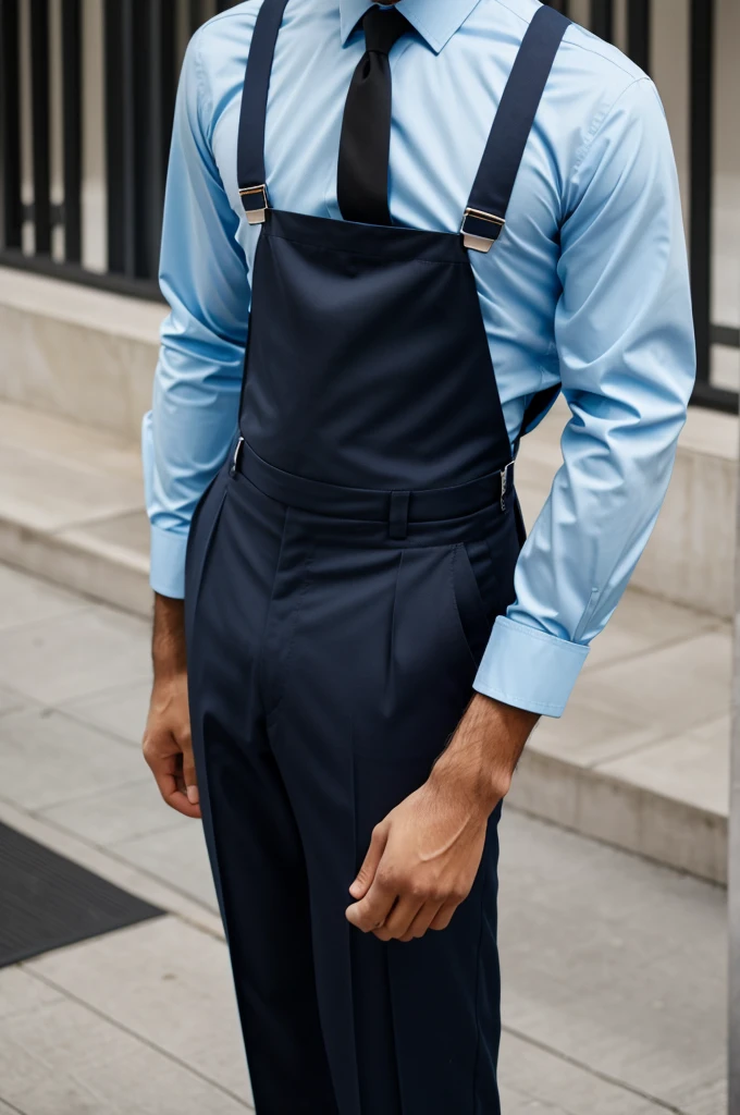 A man with a light blue long-sleeved shirt, black dress pants and blue suspenders