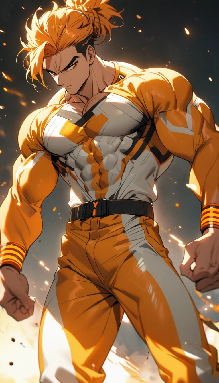 A muscular man wearing an orange and white suit,Cool hairstyle
