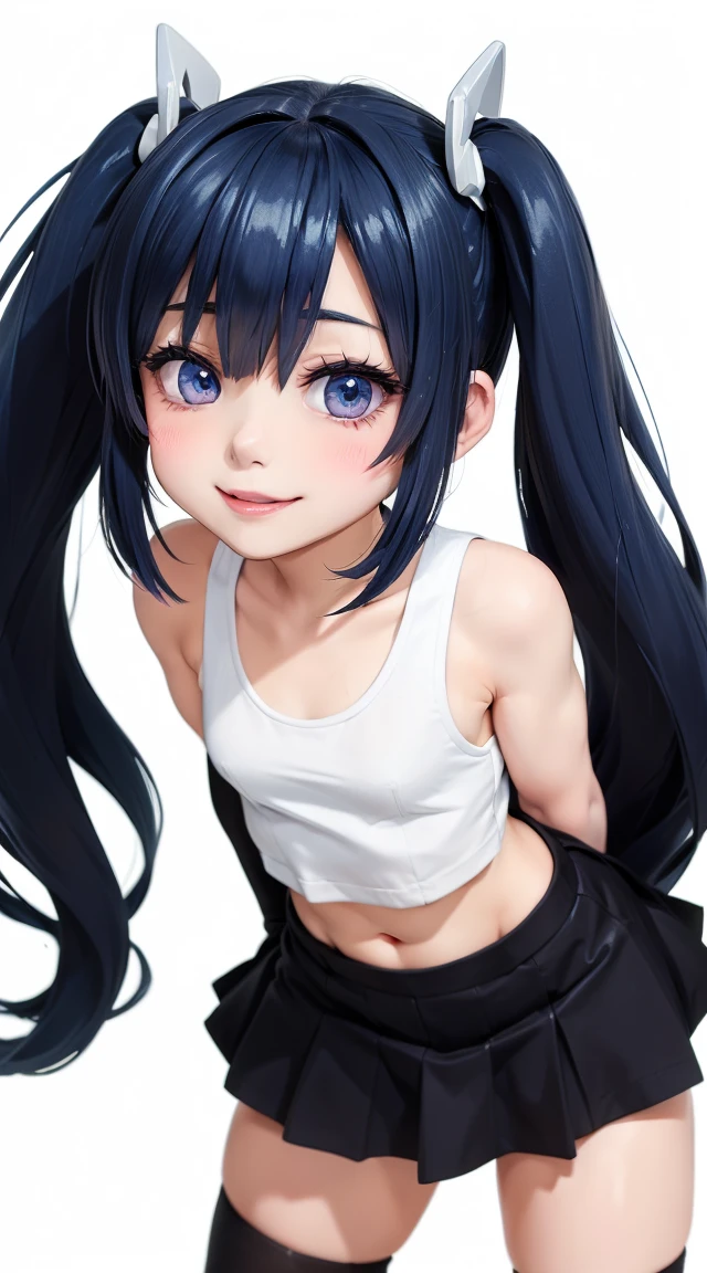 (masterpiece:1.3), (Best Quality:1.3), (Ultra-detailed:1.2), ((kawaii)), Cute, (lovely), ((sexy)), ((Extremely detailed)), 4K, (8K), Best Quality, (Beautiful), Illustration, anime style, (bold line:1.2), Gradation, looking at viewer, //, (bent down:1.1), (arms behind back), //, a cute girl, 1girl, (solo:1.2), gleaming skin, //, (flat chested), (Perfect eyes:1.2), (Perfect iris:1.2), //, darkblue hair color, (beautiful eyes) //, (half closed eyes:1.3), (sexual expression:1.2), Fascinated expression, smile, (blush:1.2), //, modern city bacground, on rock, tank top with skirt, twin tails, muscle girl, hard abs
