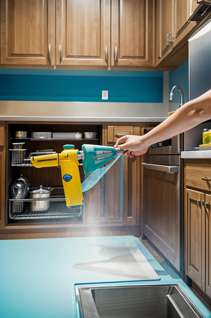 Person fumigating a disney pixar style kitchen, high quality