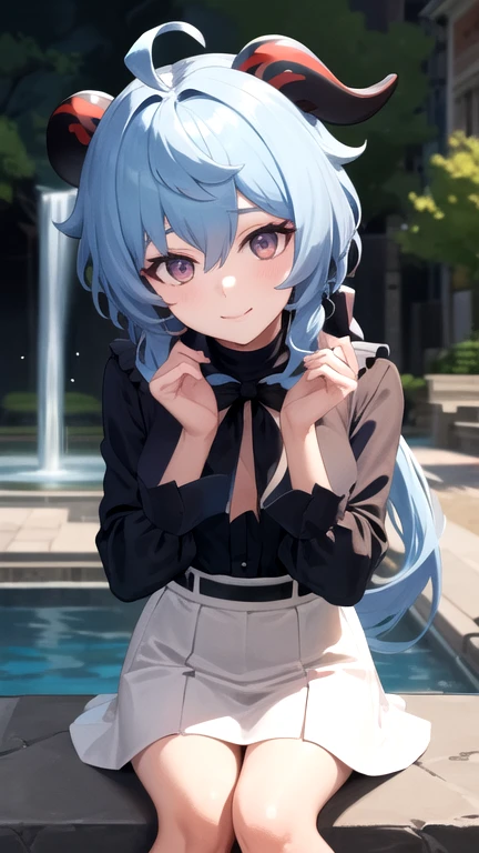 aaganyu, long hair, low ponytail, ahoge, horns, turtleneck, black bow, frills, black shirt, long sleeves, shirt tucked in, high-waist skirt, white skirt, pantyhose, crowd, street, (fountain:1.1), light smile, leaning forward, sitting, marble \(stone\), Head tilt, (high heels:0.95), masterpiece, best quality, highres, nice hands, perfect hands
