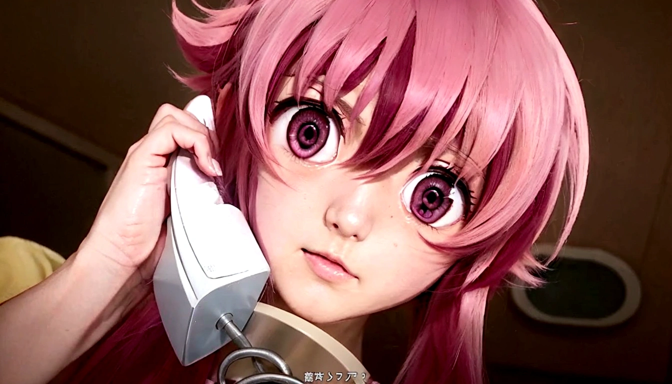 Anime girl with pink hair talking on cell phone., Mirai Nikki, Chica anime llamada Gasai Yuno, big pink eyes, Gasai Yuno, closeup of another iwakura, Gasai Yuno, Gasai Yuno, she has a nice expressive face, Gasai Yuno, screenshot from a 2012 anime, in the anime movie, scene!!, Shocking