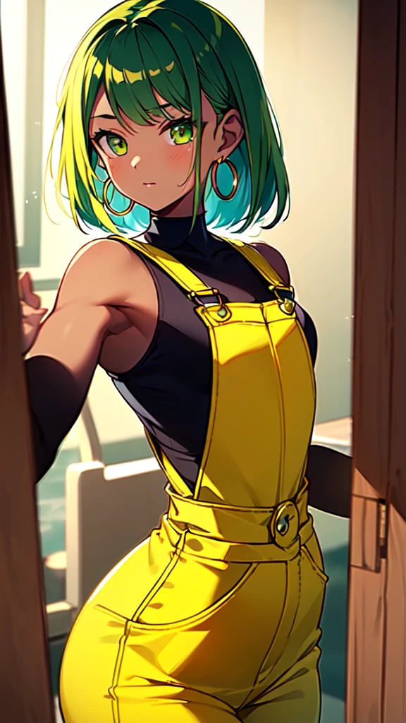 masterpiece, best quality,1girl, ((young girl)), ((large round magical green eyes)), shiny skin, (thin waist), (long curlly green hair), ((curvy)), ((wide hips)), ((hoop earrings)), ((small size)) , ((( yellow overalls))), hot, soft natural lighting, reflections, bright illuminations, deep dark black skin, ((yellow outfit)), full body