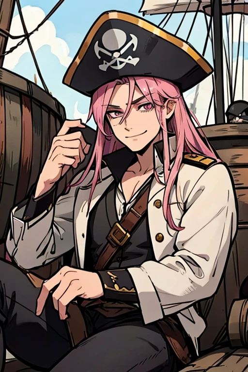 A handsome pink haired man with violet eyes with long hair in a pirate's uniform is sitting on a barrel on a pirate ship with a big smile