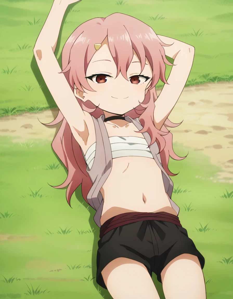 benisumomo, anime coloring ,BREAK source_anime, anime, long hair, hair ornament, red eyes, navel, pink hair, choker, hairclip, flat chest, black choker, sarashi, chest sarashi, black shorts, high quality, solo, lying, on back, arms up, spread arms, closed mouth, on grass, (cowboy shot:1.5), looking at viewer, suggestive smile, best quality