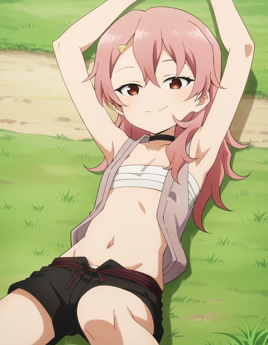 benisumomo, anime coloring ,BREAK source_anime, anime, long hair, hair ornament, red eyes, navel, pink hair, choker, hairclip, flat chest, black choker, sarashi, chest sarashi, black shorts, high quality, solo, lying, on back, arms up, spread arms, closed mouth, on grass, (cowboy shot:1.5), looking at viewer, suggestive smile, best quality