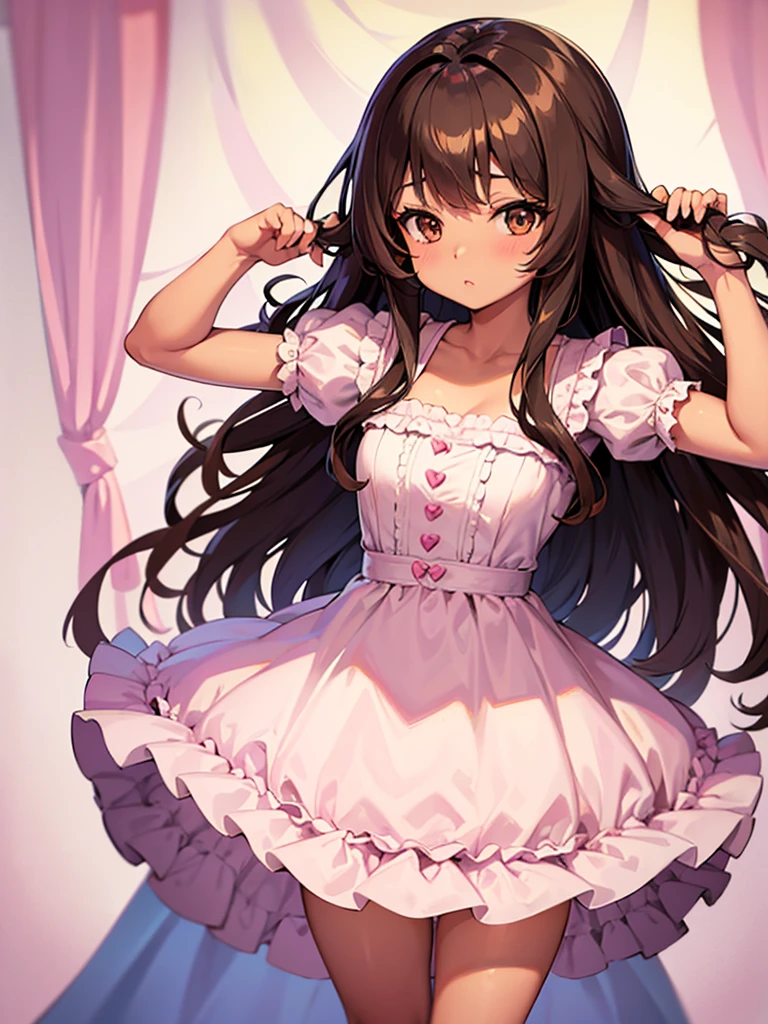 Anime girl, brown skin, thick, cute, long curly brown hair with bangs, brown eyes, pastel coquette dress aesthetic