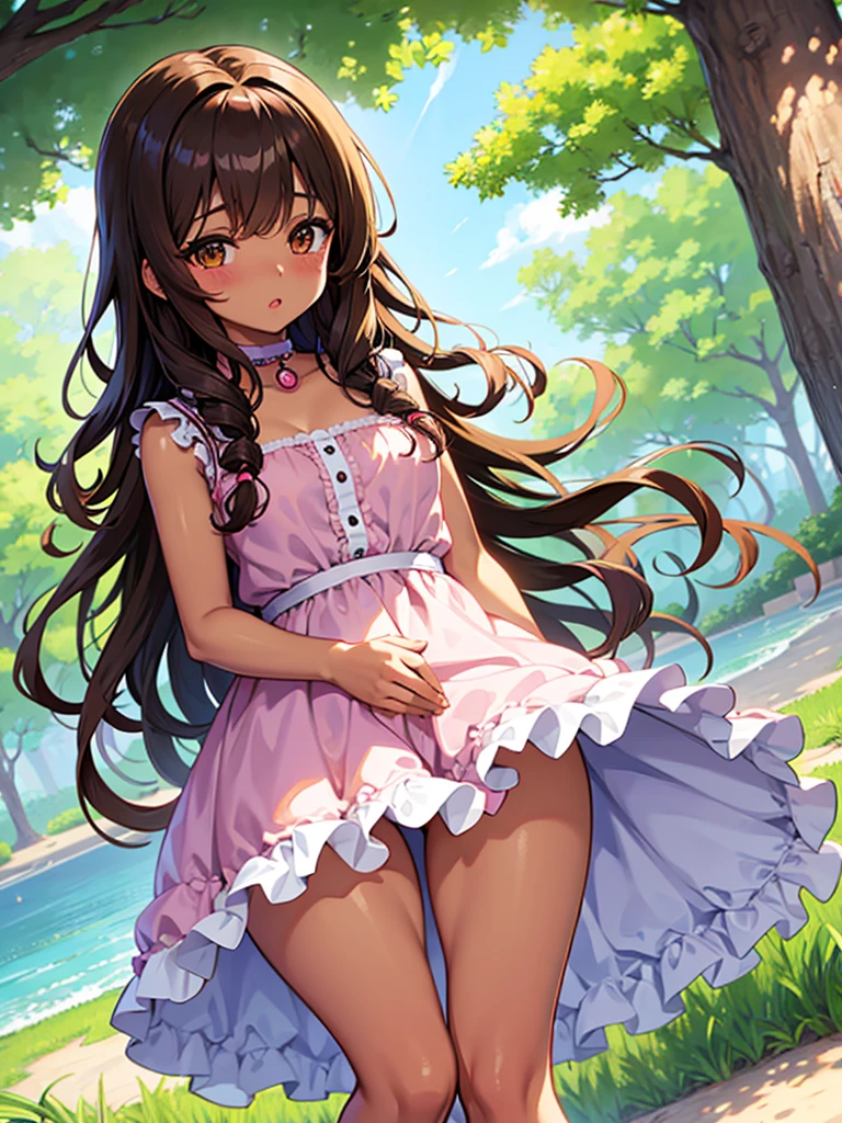 Anime girl, brown skin, thick, cute, long curly brown hair with bangs, brown eyes, pastel coquette dress aesthetic
