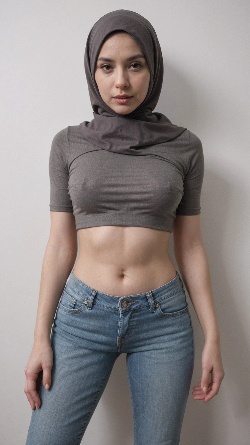 A milf wearing a hijab, Wear tight Croptop and wear short hot jeans, Crawl like a dog, blank background,