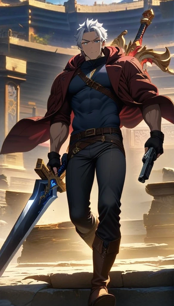 Masterpiece, high detail, symmetrical, ultra detail, high resolution, ultra detailed, best quality, amazing, top quality, extremely detailed, cinematic lighting, 1man, male anime character, Detailed key anime art, Middle aged man, fair skin, toned body, white hair, heterochromic blue and gold eyes, blue right eye, gold left eye, rugged appearance, slight beard, smug expression, red and black hooded trench coat, black undershirt, black fingerless gloves, black leather pants, wielding one big white pistol, wielding one big black pistol, one big demonic greatsword on his back, two brown leather boots, blacksmoke emanating from his body, golden rippling portals in the background, Dante from Devil May Cry