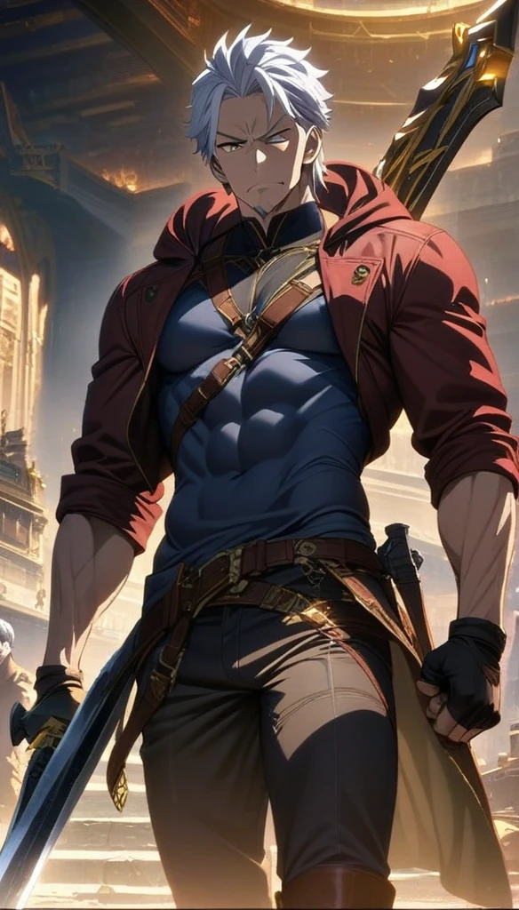 Masterpiece, high detail, symmetrical, ultra detail, high resolution, ultra detailed, best quality, amazing, top quality, extremely detailed, cinematic lighting, 1man, male anime character, Detailed key anime art, Middle aged man, fair skin, toned body, white hair, heterochromic blue and gold eyes, blue right eye, gold left eye, rugged appearance, slight beard, smug expression, red and black hooded trench coat, black undershirt, black fingerless gloves, black leather pants, wielding one big white pistol, wielding one big black pistol, one big demonic greatsword on his back, two brown leather boots, blacksmoke emanating from his body, golden rippling portals in the background, Dante from Devil May Cry