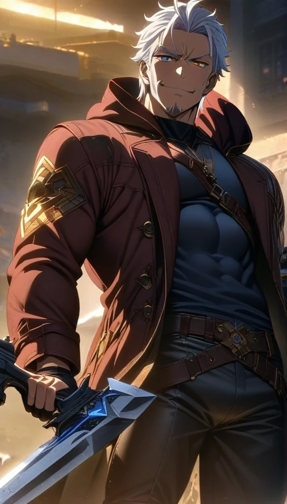 Masterpiece, high detail, symmetrical, ultra detail, high resolution, ultra detailed, best quality, amazing, top quality, extremely detailed, cinematic lighting, 1man, male anime character, Detailed key anime art, Middle aged man, fair skin, toned body, white hair, heterochromic blue and gold eyes, blue right eye, gold left eye, rugged appearance, slight beard, smug expression, red and black hooded trench coat, black undershirt, black fingerless gloves, black leather pants, wielding one big white pistol, wielding one big black pistol, one big demonic greatsword on his back, two brown leather boots, blacksmoke emanating from his body, golden rippling portals in the background, Dante from Devil May Cry