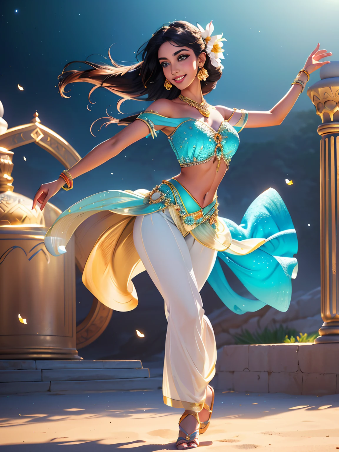 ((Full body photo,standing, feet on the ground)) jasmine 2girl, ballet shoeas, breasts, smile, open mouth, navel, holding, bare shoulders, jewelry, flower, earrings, midriff, pants, necklace, off shoulder, bracelet, see-through, white flower, gem, off-shoulder shirt, holding flower, multi-tied hair, arabian clothes (realistic:1.2), (realism), (masterpiece:1.2), (best quality), (ultra detailed), (8k, 4k, intricate),(full-body-shot:1), (85mm),light particles, lighting, (highly detailed:1.2),(detailed face:1.2), (gradients), sfw, colorful,(detailed eyes:1.2)(detailed background),detailed landscape, (dynamic angle:1.2), (dynamic pose:1.2), (rule of third_composition:1.3), (Line of action:1.2)