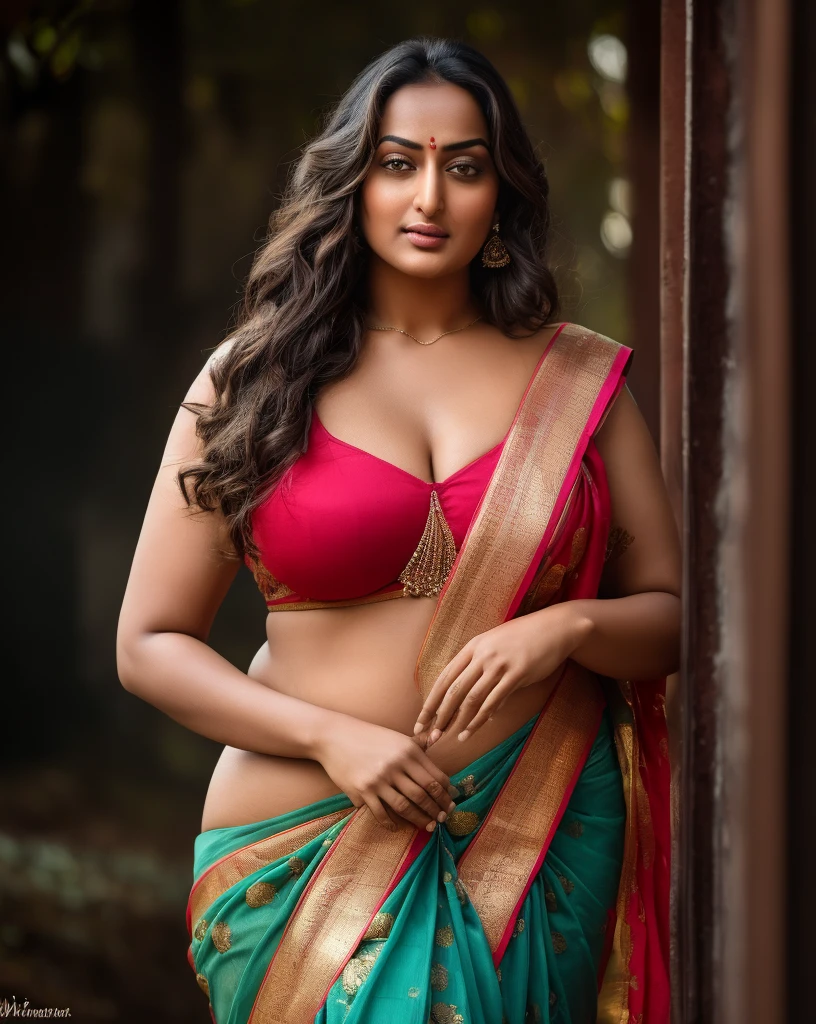 Foto RAW, photorealistic, photography, full body shot, master shot, perfect eyes, goddess like beauty, pierced eyes, (perfect thick chubby mallu Desi aunty bhabhi) , Wearing a Stanapatta, a chest-band.Saree model, model Photography,((saggy breast))Indian saree shoot, Indian traditional wear advertising photography, traditional wear brand shoot, face of Indian actress Sonakshi Sinha, masterpiece, realistic, realism, incredible details, pleasure, photorealism, detailed skin, skin pores, high contrast, photorealistic Artstation 8k HD digital art trend of high definition and detailed realistic skin texture, ultra detail, realistic skin texture, armature, best quality, ultra high definition, (photorealistic:1.4),, high resolution, detail, raw photo, sweat, Re sharp, by Lee Jefferies Nikon D850 Film Stock Photo 4 Kodak Portra 400 Camera F1.6 Lens Rich Color Ultra Real Realistic Realistic Textures Dramatic Lighting Unreal Engine Trending at Art Station Cinestill 800,(pele altamente detalhada: 1.2), 8k UHD, DSLR, soft-lighting, alta qualidade, grain of film, Fujifilm XT3,she didn't like to wear blouse or bra, she is happy to wear only saree, she hates blouse or bra, detailed hairy armpits, hyper realistic skin, skin pores, sweat, veins,