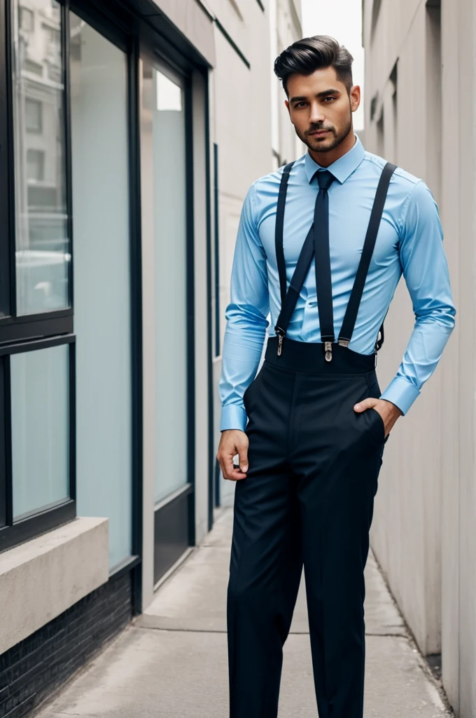 A man with a light blue long-sleeved shirt, black dress pants and blue suspenders
