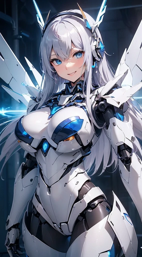 Blue shining mechanical eyes、A kind smile、Open your mouth